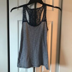 Vtg Gilley Hicks Women’s Striped Lace-Back Tank Top Navy Blue Sz XXS